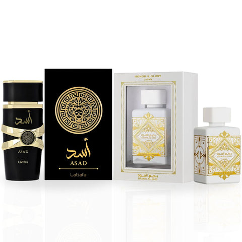 Asad And Bad'ee Al Oud Honor & Glory EDP Sprays 100ML (3.4OZ) By Lattafa | Double The Impact, Twice The Confidence. (DELUXE BUNDLE) - Intense Oud