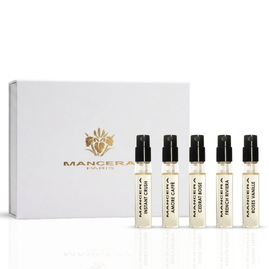 Set of five Mancera Eau de Parfum Discovery Set bottles, each 8ml, showcasing the elegant packaging and variety of fragrances.