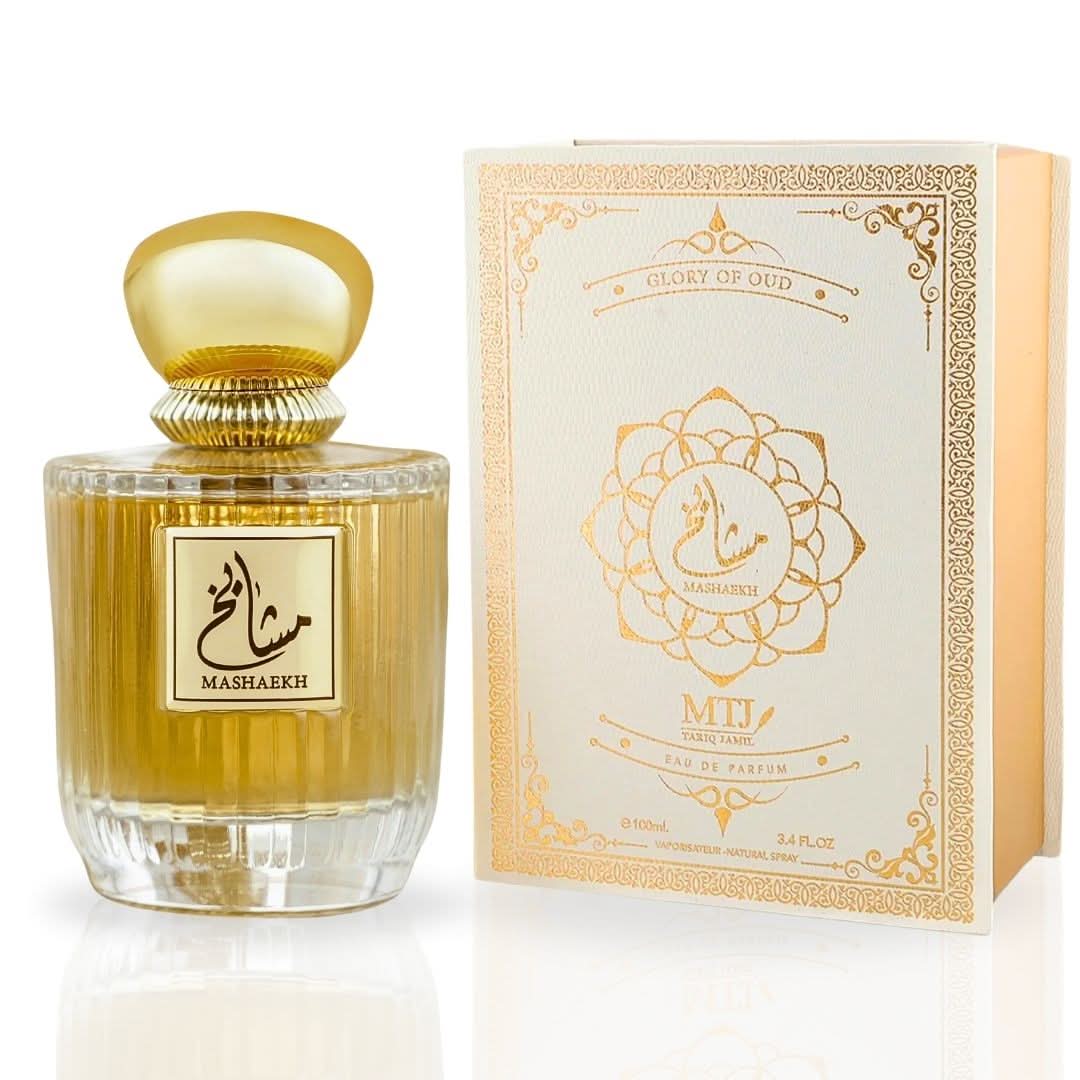MTJ Mashaekh EDP Spray 100ML, luxurious unisex perfume with woody, citrus, and spicy notes, featuring elegant bottle design.