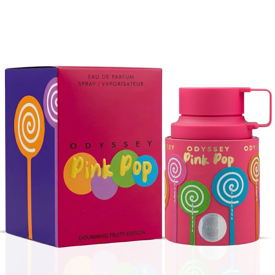 Odyssey Pink Pop Eau de Parfum spray by Armaf, 100ml bottle with pink accents, elegant packaging, and floral fragrance design.