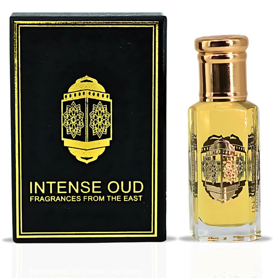 Intense Oud Touch Of Amber perfume oil in 12ml bottle with black gift box, showcasing the luxurious loose oil and elegant packaging.
