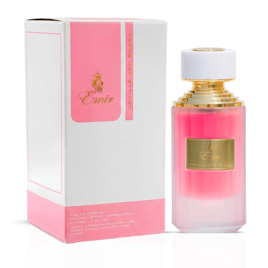 Emir Vanilla and Roses Eau de Parfum spray by Paris Corner, 100ml bottle, featuring floral and vanilla scent with elegant packaging.