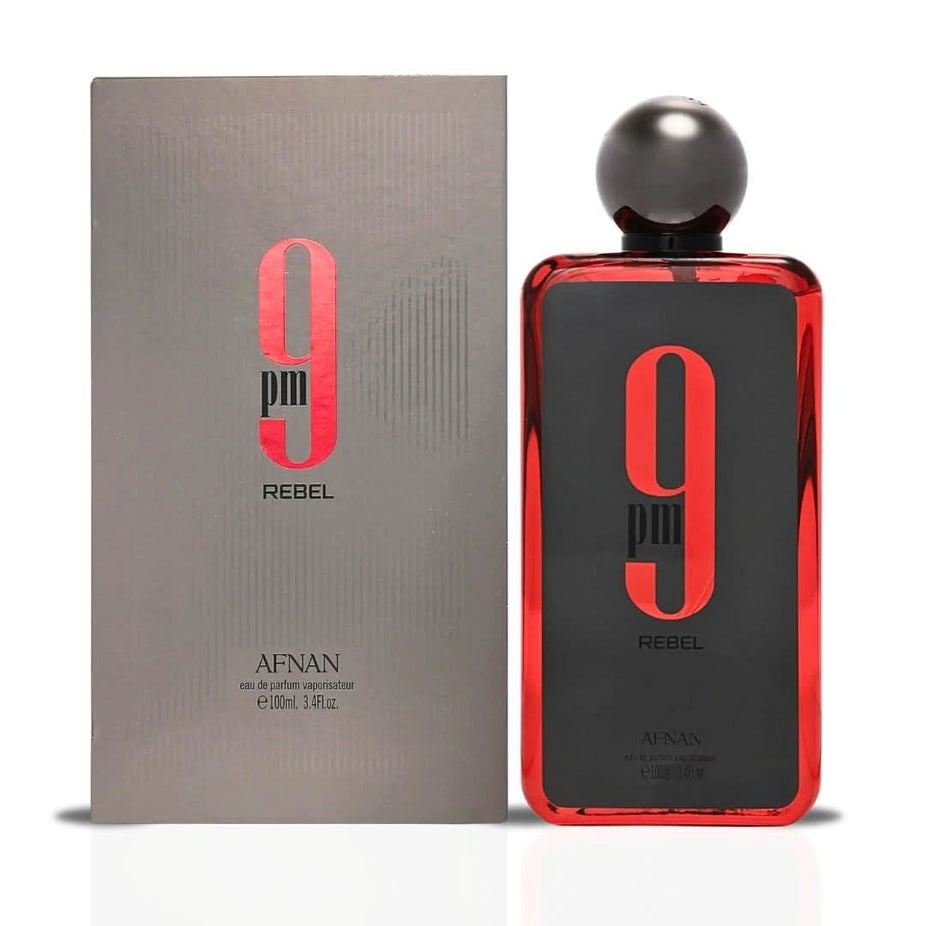 Afnan 9PM Rebel Eau de Parfum Spray 100ml bottle, sleek design, showcasing the fragrance for women and men.