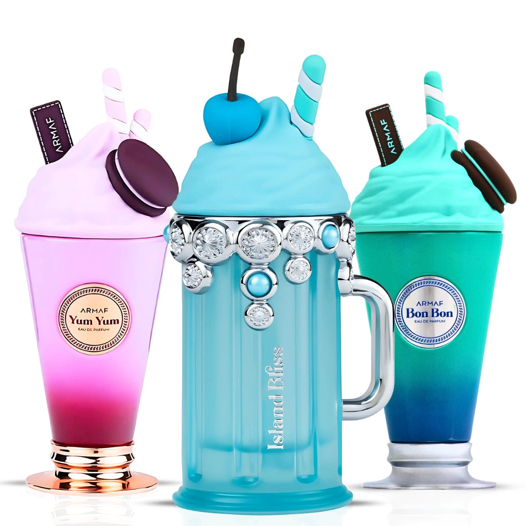 Armaf Island Bliss, Bon Bon & Yum Yum Eau de Parfum Spray Bundle, 100ml each, featuring colorful perfume bottles and packaging.