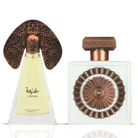 Lattafa Niche Emarati Ghinwa & Nebras Eau de Parfum sprays 100ml, elegant bottles showcasing the luxurious fragrance duo.