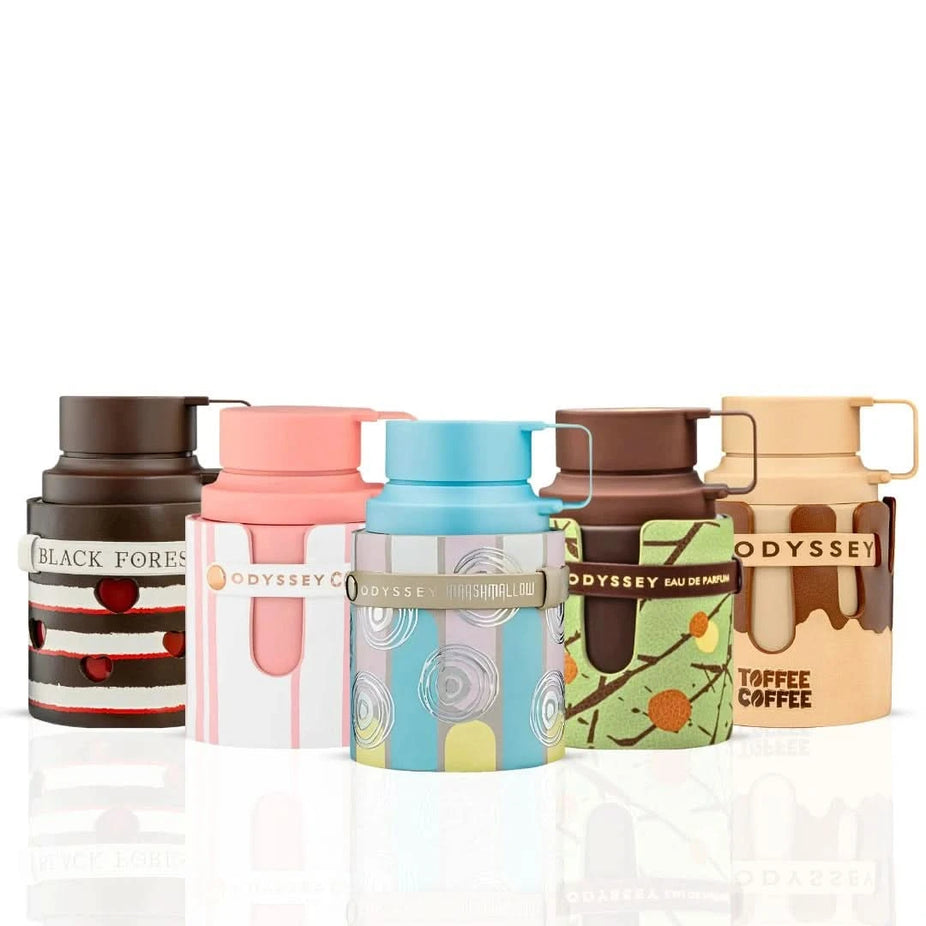 Armaf Odyssey Eau de Parfum Spray bundle featuring Marshmallow, Candee, Dubai Chocolat, Toffee Coffee, and Black Forest scents.