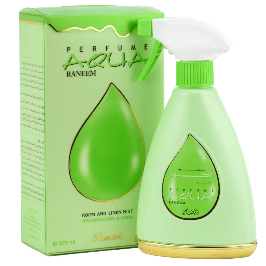 Aqua Raneem air freshener bottle by Rasasi, 375ml, with a sleek design and spray nozzle for freshening indoor spaces.
