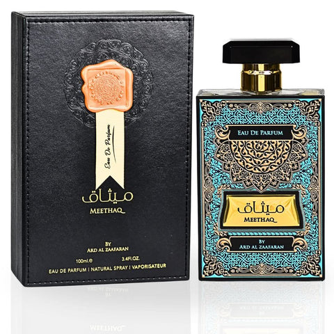 Meethaq Eau De Parfum spray by Ard Al Zaafaran, 100ML, with a luxurious bottle and long-lasting enchanting fragrance.