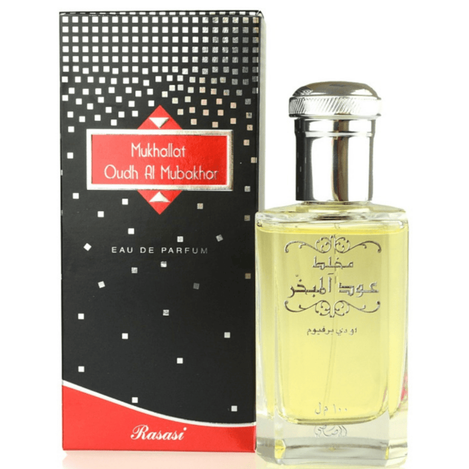 Rasasi Mukhallat Oudh Al Mubakhar Eau De Parfum bottle, 100ml, with elegant design and luxurious fragrance appearance.