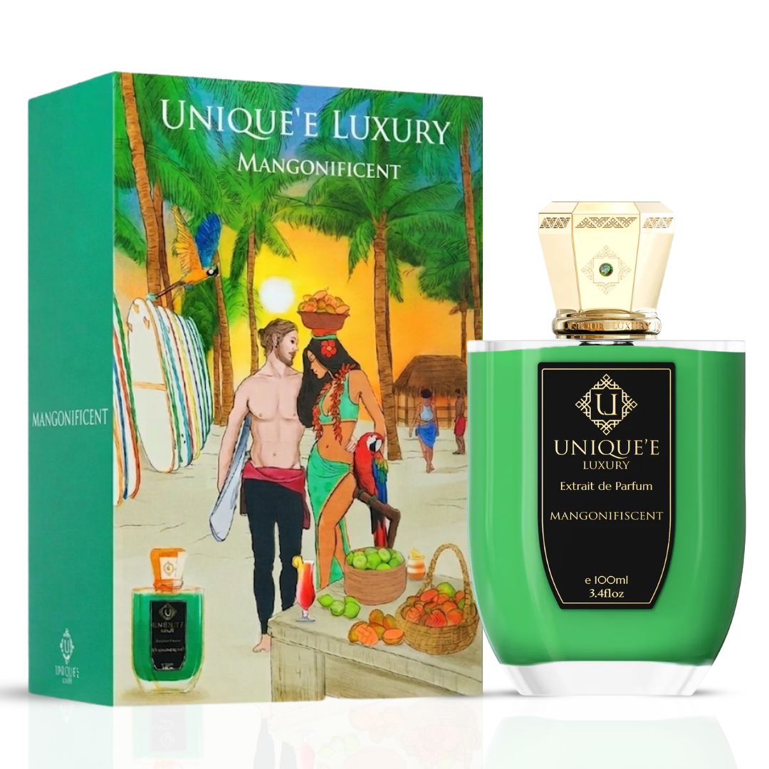 Unique'e Luxury Mangonifiscent Extrait de Parfum 100ml EDP bottle with elegant packaging and luxurious design.
