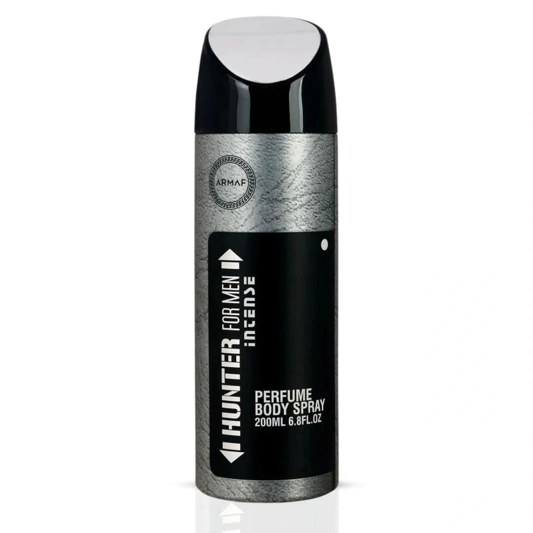 Hunter Intense deodorant spray by Armaf in a 200ml bottle, featuring sleek black packaging with a silver cap.