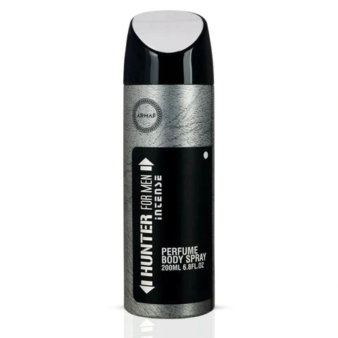 Hunter Intense deodorant spray by Armaf in a 200ml bottle, featuring sleek black packaging with a silver cap.