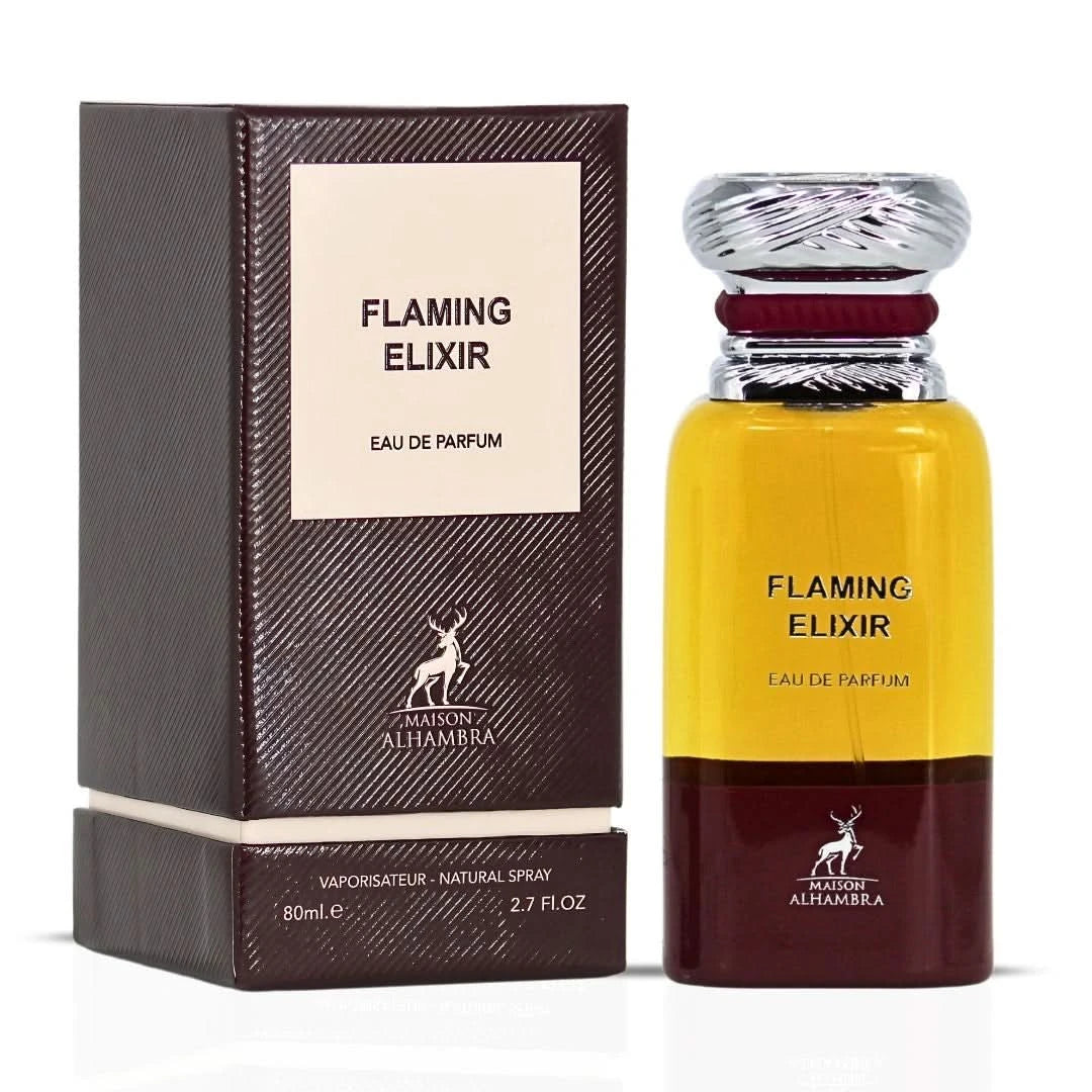 Maison Alhambra Flaming Elixir Eau de Parfum spray 80ml bottle with ornate design and dark, fiery-colored liquid inside.