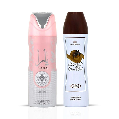 Bundle of Yara by Lattafa and Choco Musk by Al Rehab perfumed body sprays, 200ml bottles with elegant packaging.