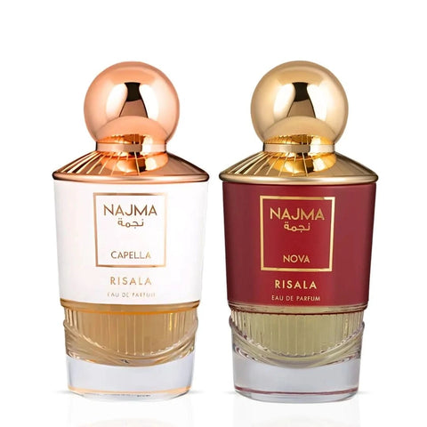 RISALA Najma Capella and Nova Eau de Parfum sprays in a 100ml bundle, featuring elegant fragrance bottles with sleek designs.