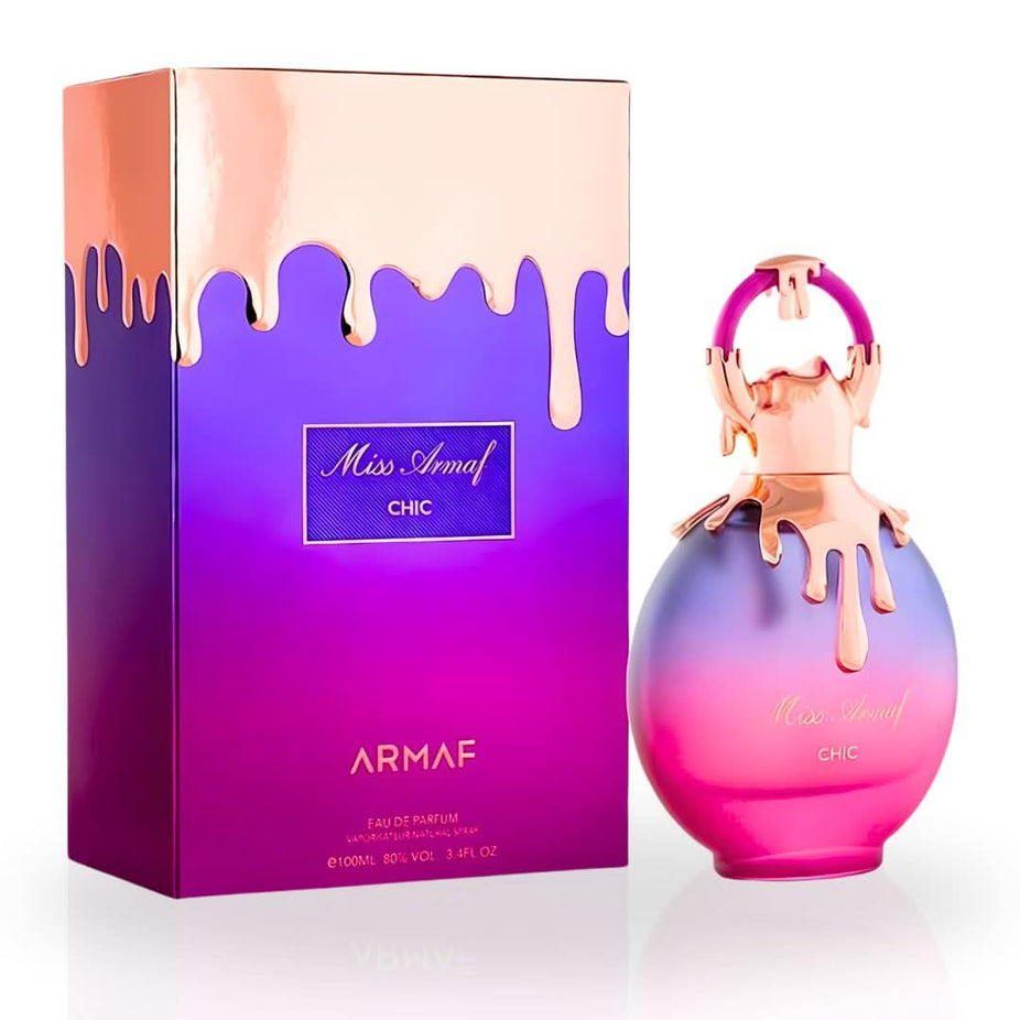 Miss Armaf Chic Eau de Parfum spray bottle with elegant packaging, 100ml size, by Armaf, showcasing its stylish design.