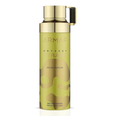 Odyssey Tyrant Special Edition deodorant spray by Armaf, 200ml bottle with black and gold design, spray nozzle visible.