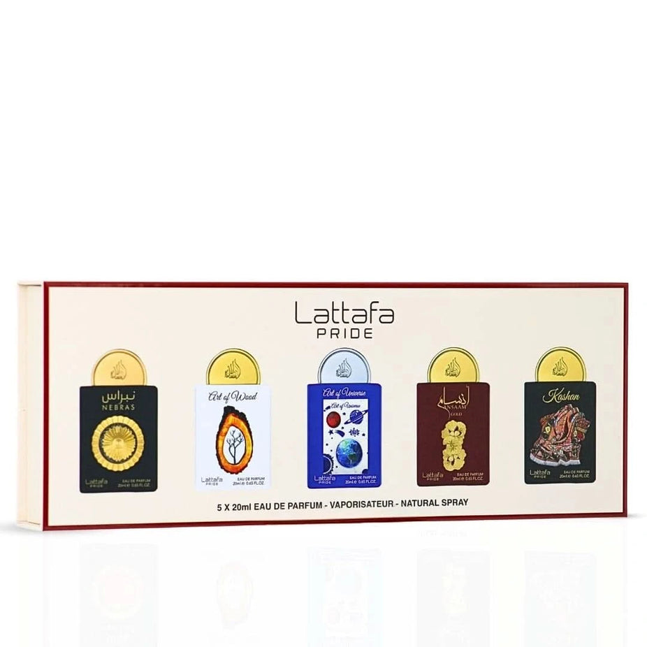 Lattafa Pride Eau de Parfum gift set with five 20ml bottles, featuring the collection No.3 in a stylish presentation.