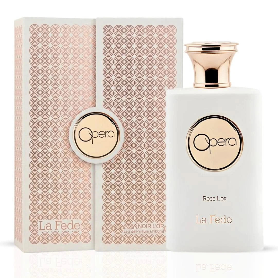Khadlaj La Fede Opera Rose L'Or Eau de Parfum spray 100ml with elegant perfume bottle and floral design