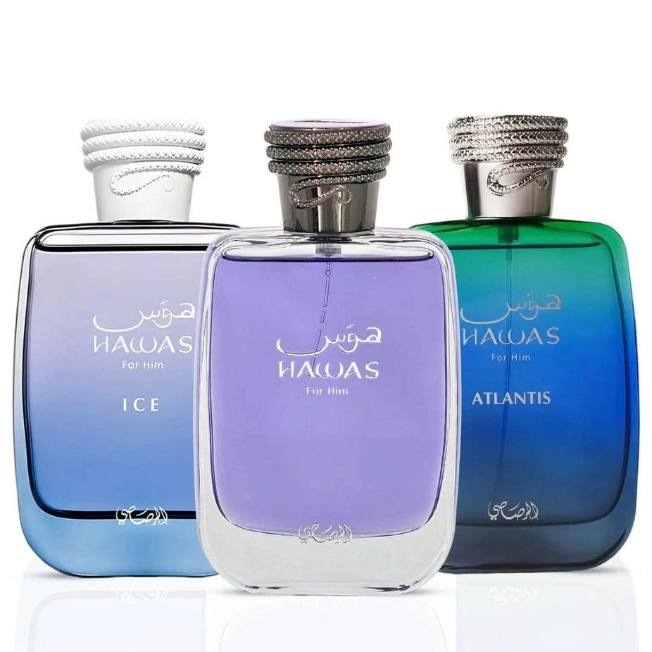 Rasasi Hawas Ice and Atlantis Eau de Parfum sprays in a 100ml bundle, featuring sleek bottles with elegant design.