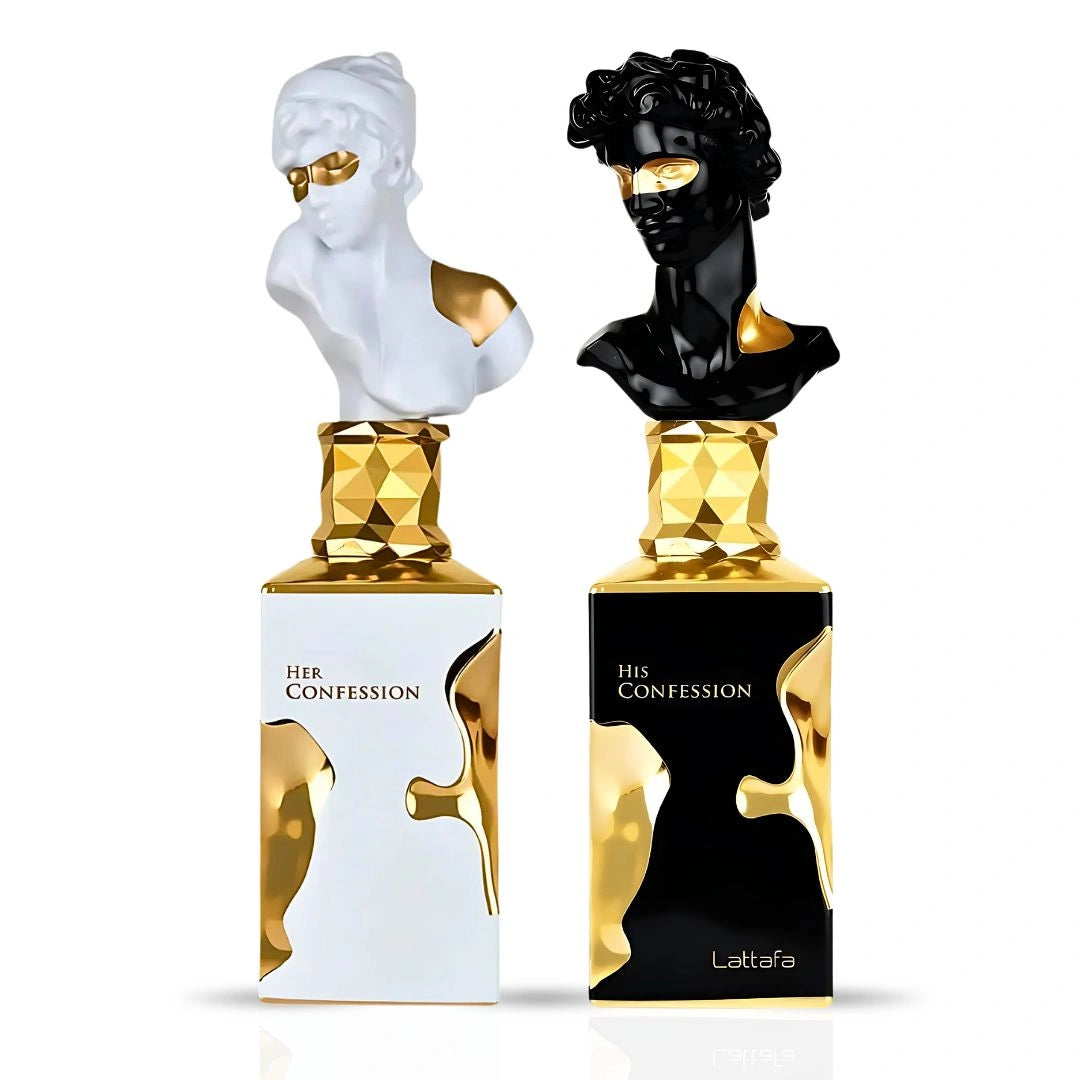 His & Her Confession Eau de Parfum Sprays 100ml (3.4 oz) by Lattafa | For Him & Her — Scents Wrapped in Warmth & Sophistication (Bundle) - Intense Oud