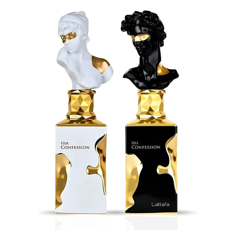 Lattafa His & Her Confession Eau de Parfum bundle with two 100ml spray bottles, featuring elegant packaging and stylish design.