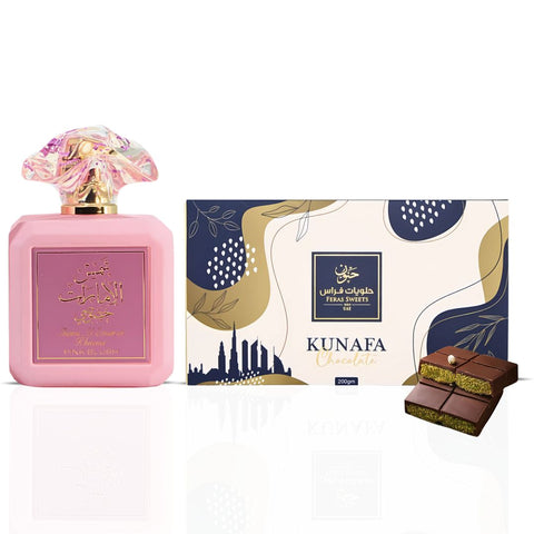Pink Blush Eau De Parfum Spray 100ML by Ard Al Zaafaran & Dubai Kunafa Chocolate Bar 200GMS by Feras Sweets | The Perfect Gift Pairing—An Enchanting Perfume & a Luxurious Chocolate Treat. (Bundle) - Intense Oud