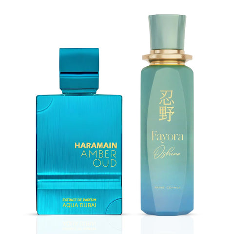 Amber Oud Aqua Dubai Extrait de Parfum By Al Haramain & Fayora Oshino Eau de Parfum by Paris Corner Sprays 100ml (3.4 oz) (Bundle)