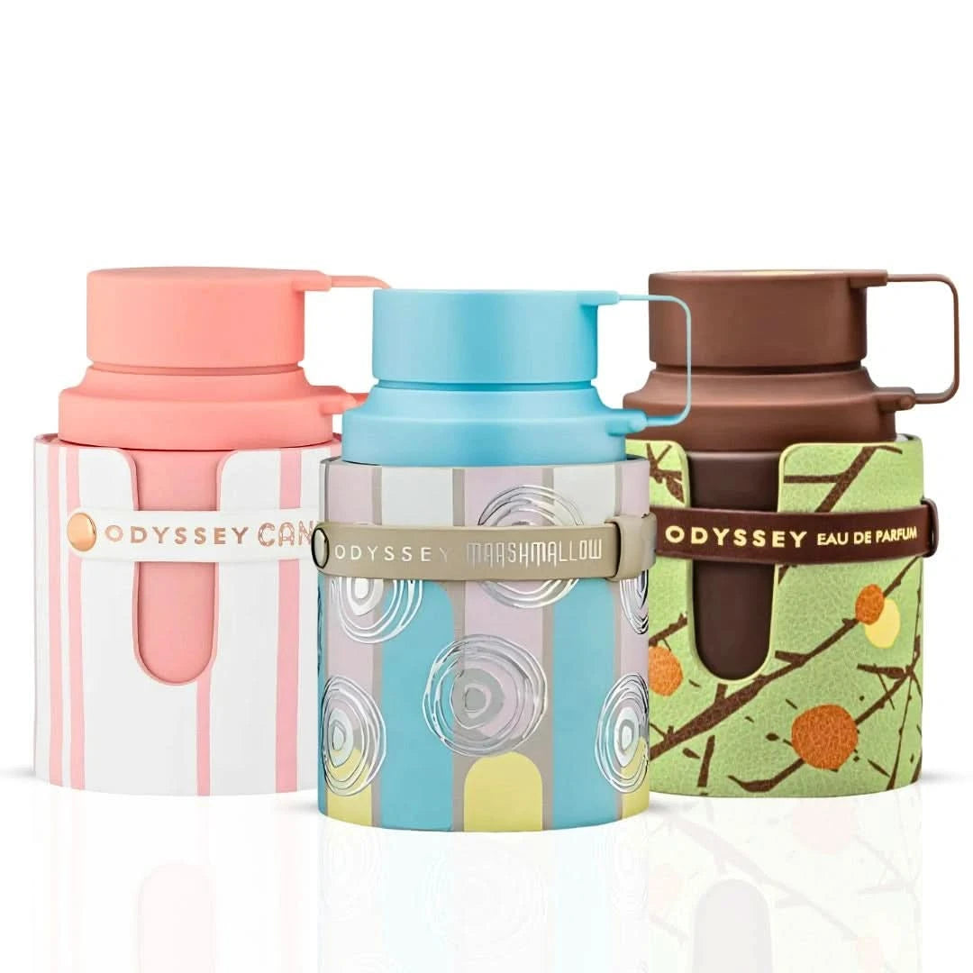 Bundle of Armaf Odyssey Marshmallow, Dubai Chocolat, and Candee Eau de Parfum sprays in 100ml bottles, featuring elegant perfume packaging.