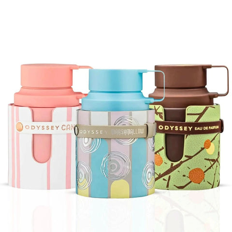 Bundle of Armaf Odyssey Marshmallow, Dubai Chocolat, and Candee Eau de Parfum sprays in 100ml bottles, featuring elegant perfume packaging.