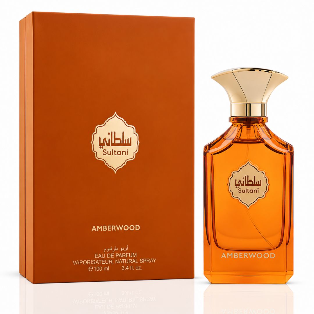 Arabian Oud Sultani Amberwood Eau de Parfum spray 100ml bottle with amber-colored liquid and elegant packaging.