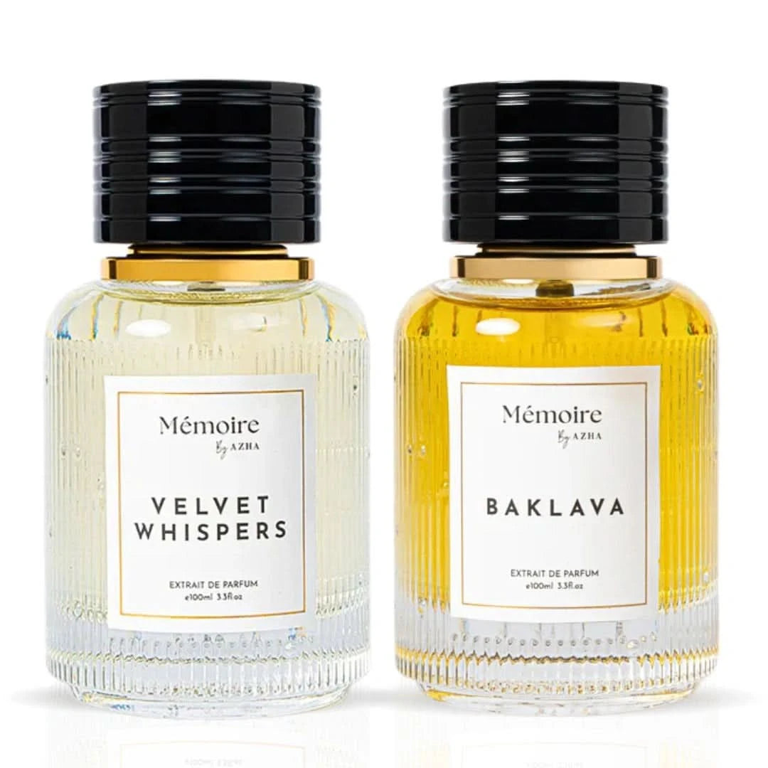 AZHA Baklava & Velvet Whispers perfume bundle from Memoire Collection, 100ml, featuring elegant sweet spice scent and modern sophistication.