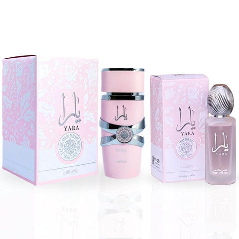 Lattafa Yara Eau de Parfum spray and Yara Fresh Hair Mist bundle, showcasing elegant bottles and packaging.