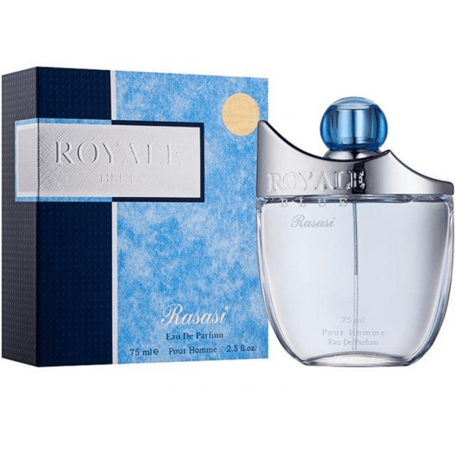 Rasasi Royale Blue Men Eau De Parfum 75ML bottle, sleek design, blue accents, showcasing the men's fragrance packaging.
