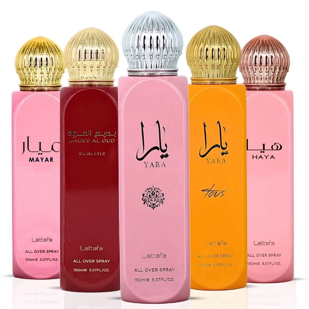 Lattafa Yara, Mayar, Haya, Yara Tous & Bade'e Al Oud Sublime all-over sprays bundle, 150ml each, with elegant bottle designs.