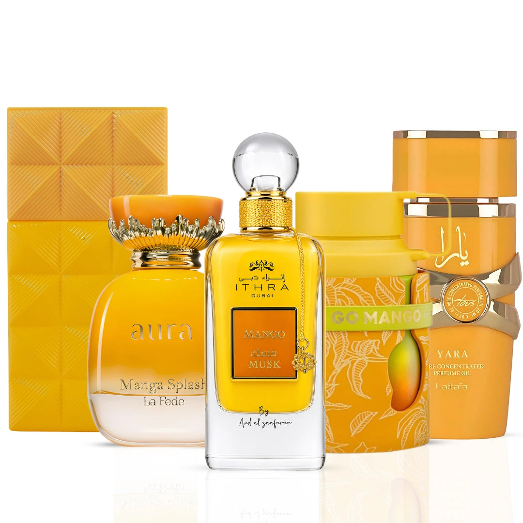 The Mango Burst Collection featuring Odyssey Go Mango, Bubbliz Mango Pop, Yara Tous, Mango Musk, and Aura Manga Splash Eau de Parfums.