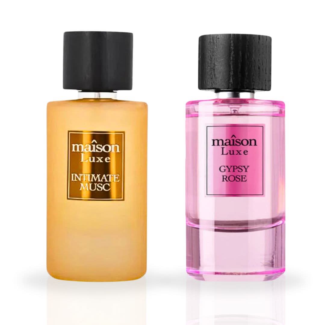Hamidi Maison Luxe Intimate Musc and Gypsy Rose Eau de Parfum sprays, 110ml bundle, featuring elegant perfume bottles.