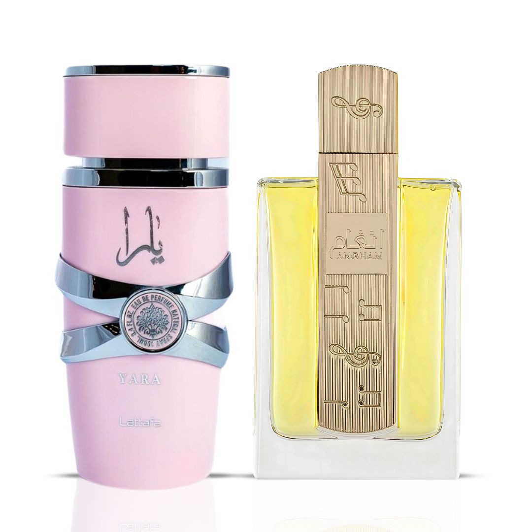 Yara & Angham Eau De Parfum Sprays 100ML (3.4 OZ) by Lattafa | Creamy Tropics Meet Spiced Elegance—A Duo of Sweet Sophistication. (Bundle) - Intense Oud