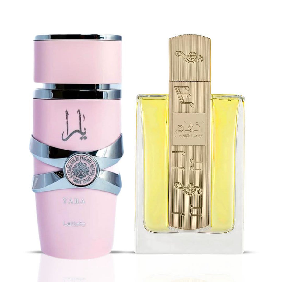 Lattafa Yara & Angham Eau de Parfum spray bundle, 100ml each, with elegant bottles showcasing floral and oriental fragrance designs.