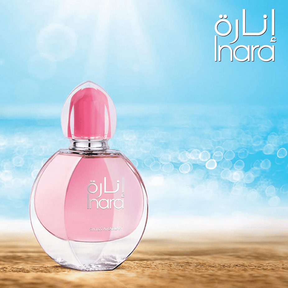 Swiss Arabian Inara Eau De Parfum for Women, 55 ML bottle with elegant floral design and clear glass showcasing the fragrance.