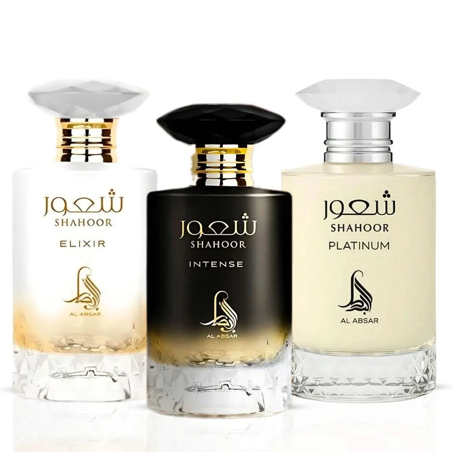Al Absar Shahoor Intense, Elixir, and Platinum Eau de Parfum 100ml bundle featuring three elegant fragrance sprays.