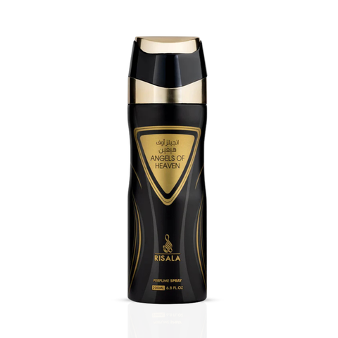 RISALA Angels of Heaven perfumed body spray 200ml deodorant bottle with floral and angelic design, showcasing elegant packaging.