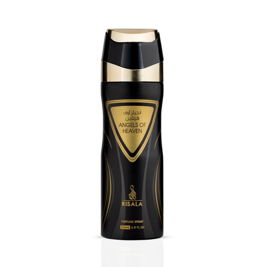 RISALA Angels of Heaven perfumed body spray 200ml deodorant bottle with floral and angelic design, showcasing elegant packaging.
