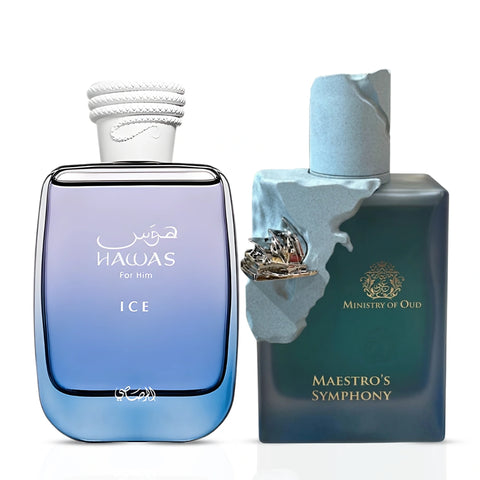Bundle of Ministry of Oud Maestro's Symphony and Rasasi Hawas Ice Eau de Parfums for Men, featuring 100ml bottles by Intense Oud.