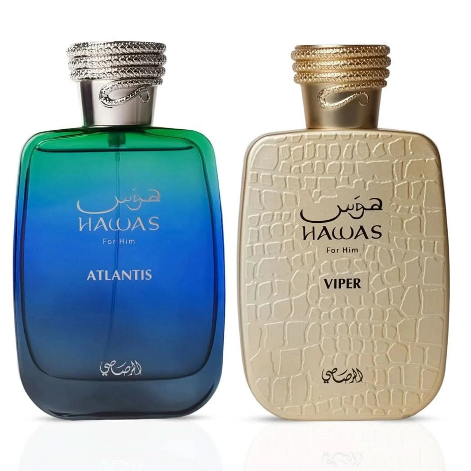 Rasasi Hawas Atlantis and Viper Eau de Parfum sprays in 100ml bundle, featuring sleek bottles with elegant branding.