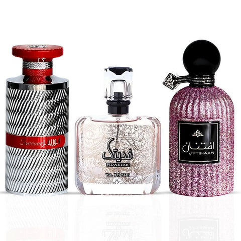 Fidetak Ya Roohi Pink, Eftinaan & Forever Silver Eau de Parfum bundle by Ard Al Zaafaran, 100ml bottles, colorful perfume sprays.