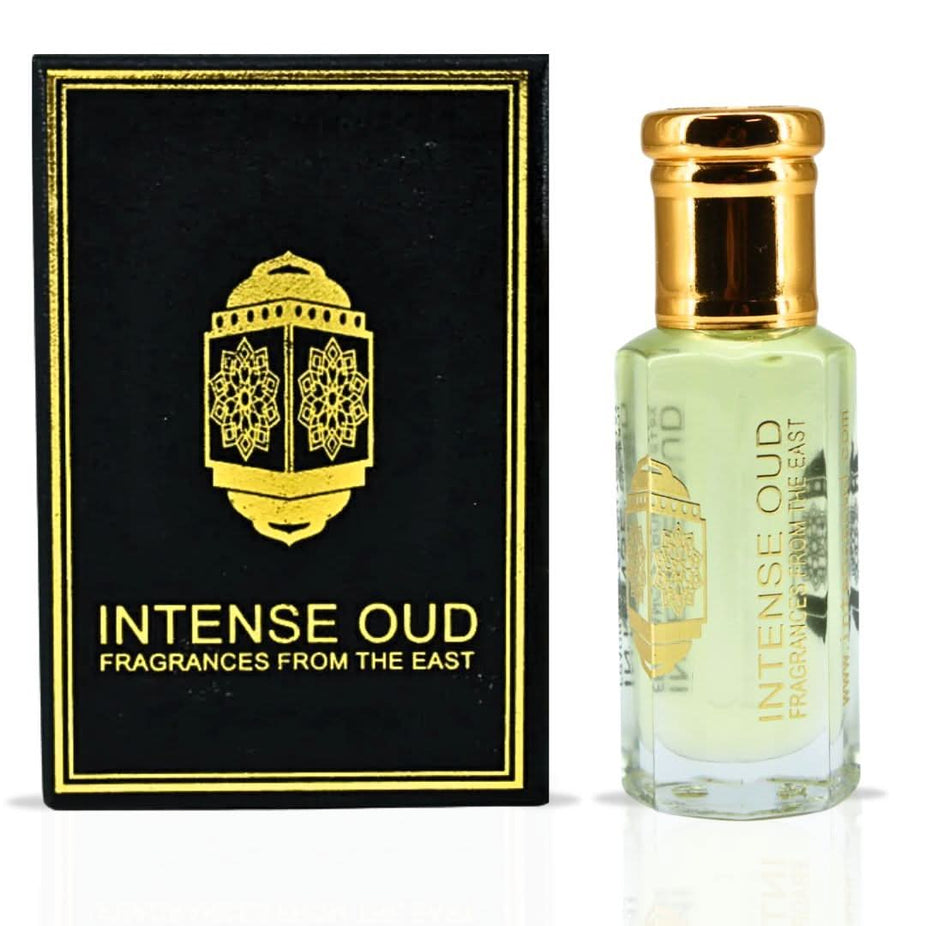 Intense Oud Rose Musk perfume oil in a 12ml bottle displayed with a black gift box, highlighting the luxurious loose oil packaging.