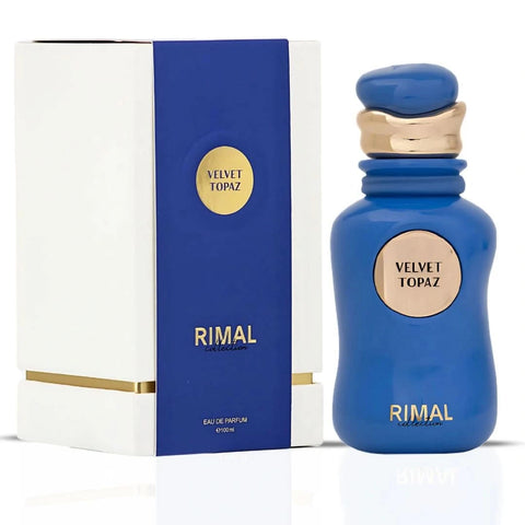 Velvet Topaz Eau de Parfum spray by Rimal Collection, 100ml bottle with elegant design and amber-colored liquid.
