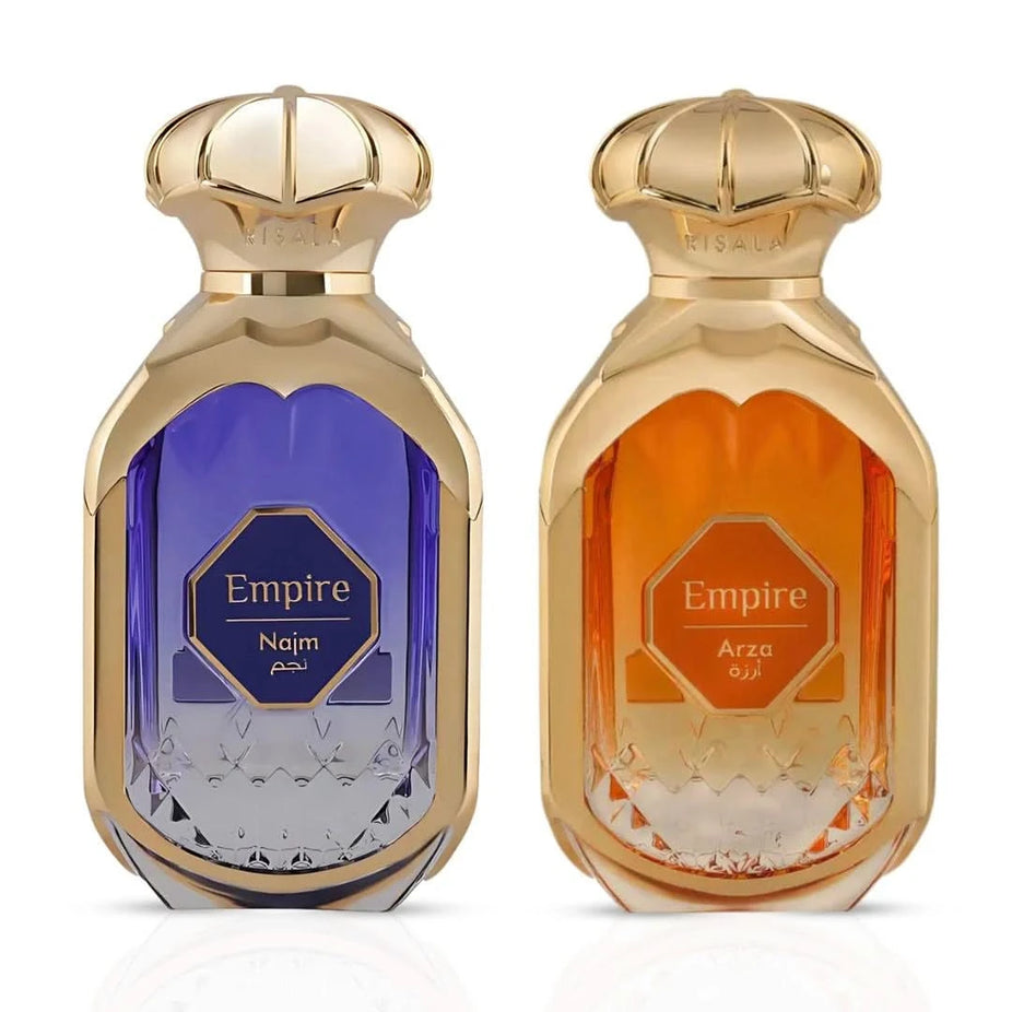 Elite Risala Empire Najm and Arza Eau de Parfum spray bundle, 100ml each, featuring elegant perfume bottles with stylish caps.