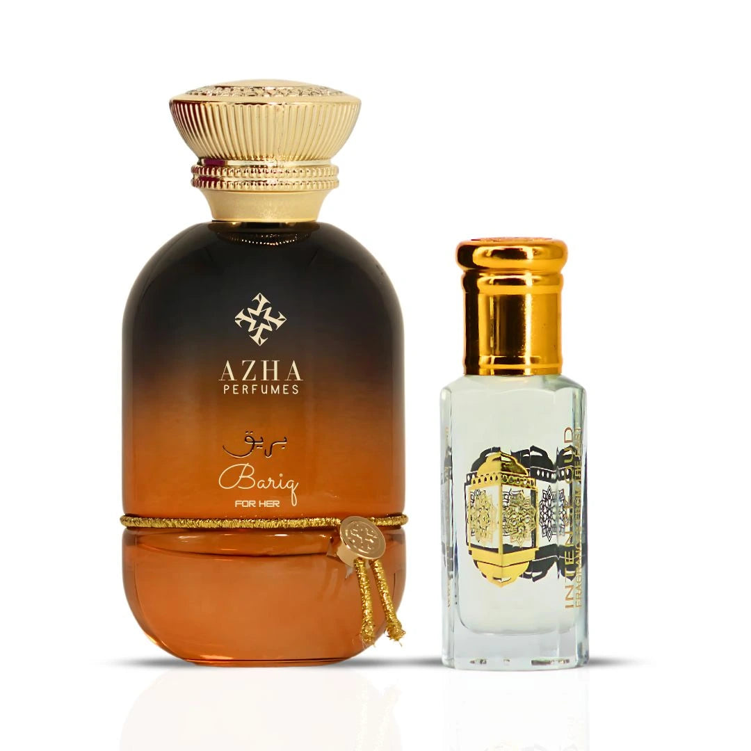 Bariq Eau de Parfum Spray 100ml (3.4 oz) by Azha & Vanilla Rose Perfume Oil 12ml (0.40 oz) by Intense Oud | Bright, Playful Fruits Meet Rich Rose & Vanilla in This Irresistible Bundle (Bundle) - Intense Oud